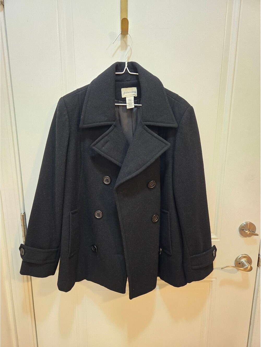 St. John's Bay Black Wool Blend Double Breasted Peacoat Jacket Petite Large PL